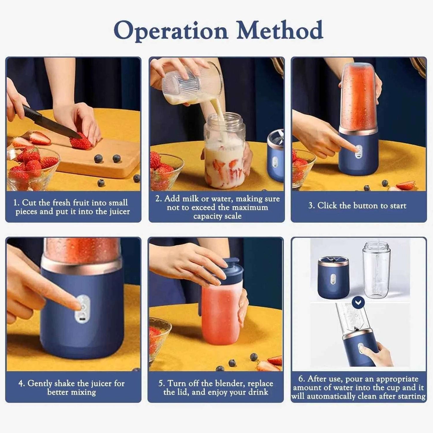 TheBoldFit portable blender Buy one Get one FREE showing step-by-step operation method for making fresh fruit smoothies
