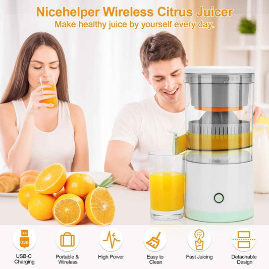 Theboldfit Portable Juicer on kitchen table with fresh oranges and couple enjoying fresh juice