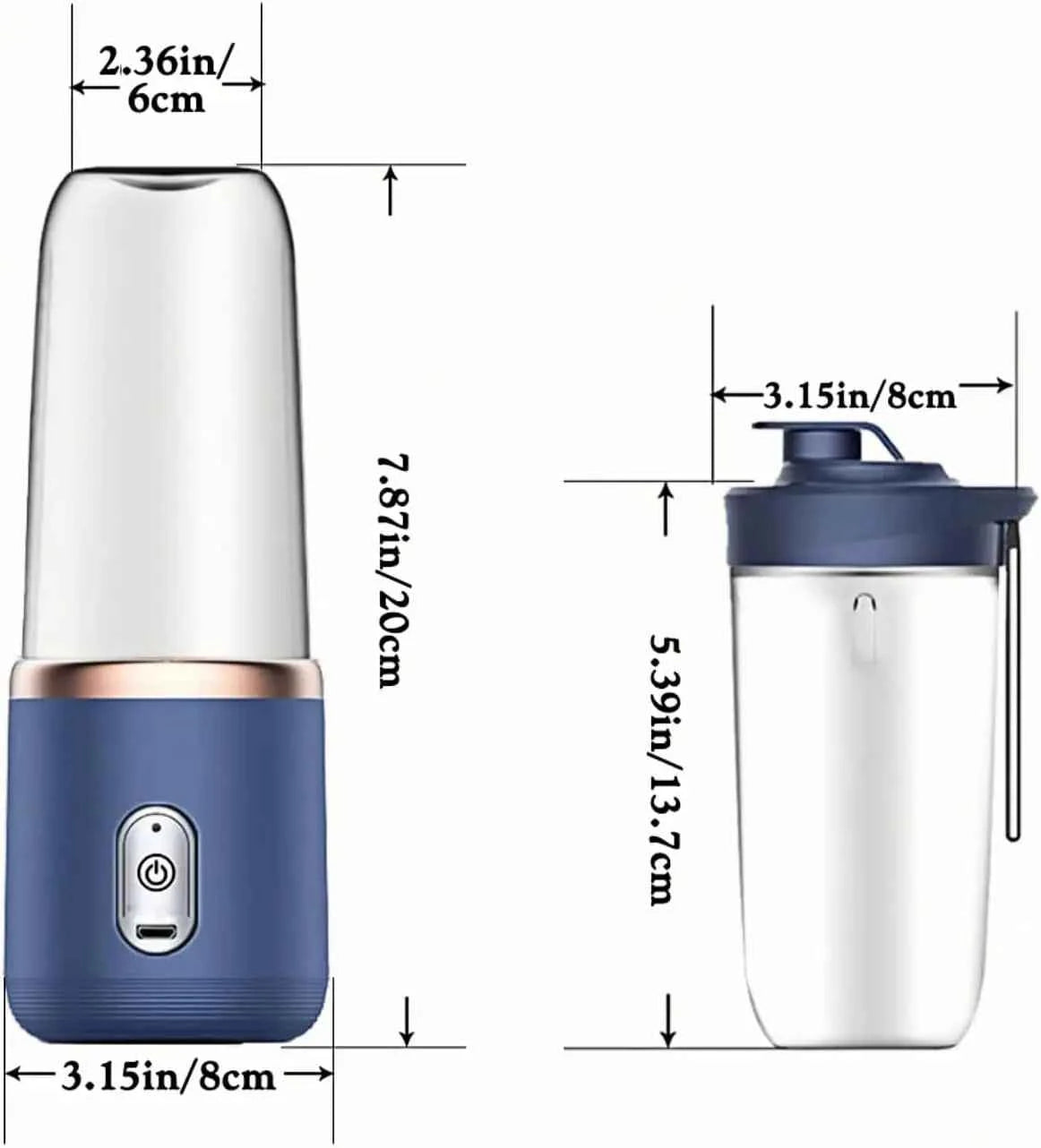 TheBoldFit portable blender Buy one Get one FREE showing dimensions of compact blender and cup in blue